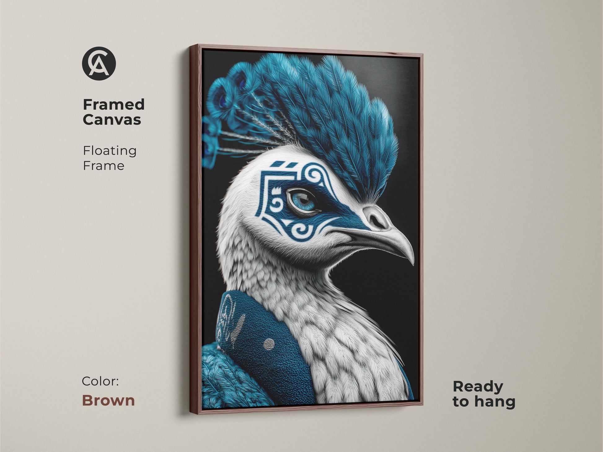 A framed canvas displays a peacock mask artwork. The brown floating frame complements the blue tones. This ready-to-hang art print brings surrealism to any room. It is a unique animal fantasy piece.