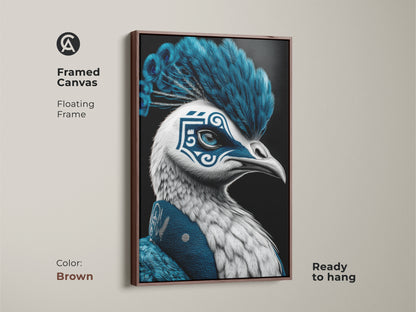 A framed canvas displays a peacock mask artwork. The brown floating frame complements the blue tones. This ready-to-hang art print brings surrealism to any room. It is a unique animal fantasy piece.