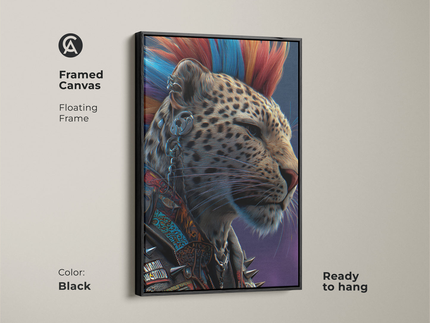 Black framed punk leopard art offers a modern wall hanging. This Mohawk animal art blends red and blue hues. This canvas art is ready to hang adding a rebellious touch. Ideal for eclectic bedroom decor or a unique man cave wall art. Consider this punk fashion art today.