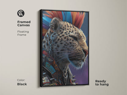 Black framed punk leopard art offers a modern wall hanging. This Mohawk animal art blends red and blue hues. This canvas art is ready to hang adding a rebellious touch. Ideal for eclectic bedroom decor or a unique man cave wall art. Consider this punk fashion art today.