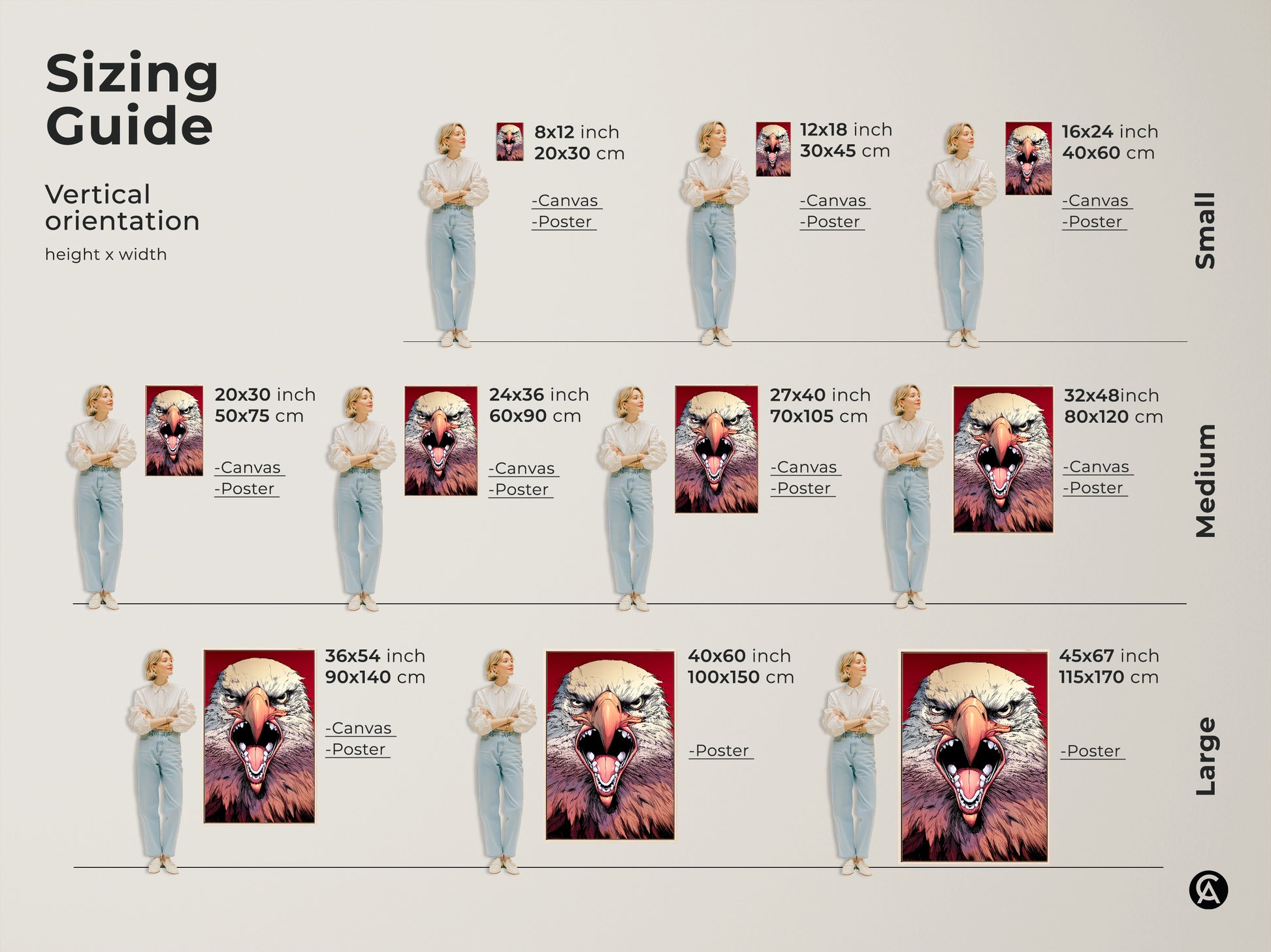 Sizing guide showcasing the modern fierce eagle wall artwork in various sizes. Perfect for different wall spaces from small to large. Find ideal sizes for canvas and poster prints. Enhance your office or man cave decor.