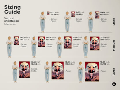 Sizing guide showcasing the modern fierce eagle wall artwork in various sizes. Perfect for different wall spaces from small to large. Find ideal sizes for canvas and poster prints. Enhance your office or man cave decor.