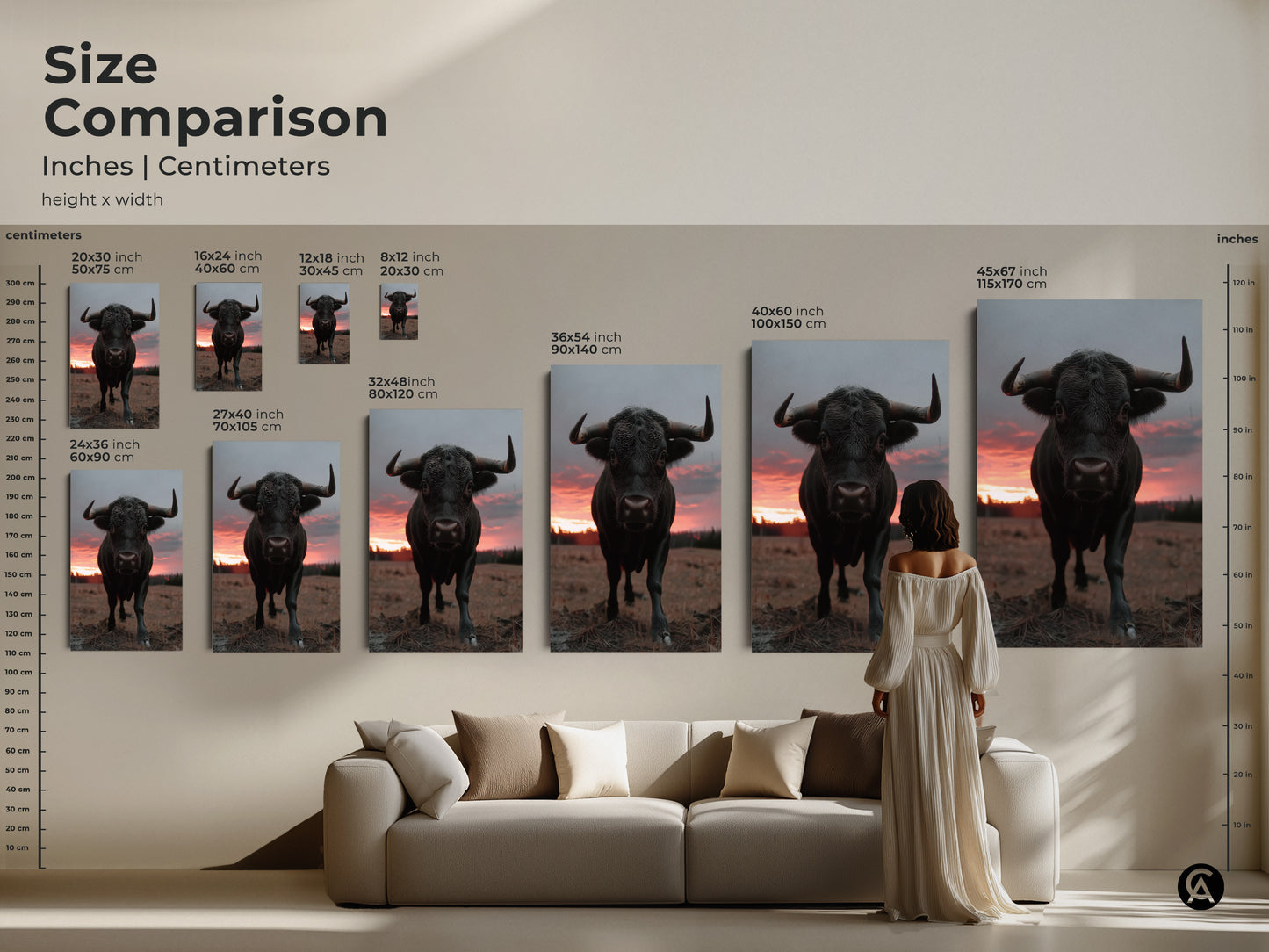 Size comparison of black bull artwork in inches and centimeters. Various sizes are displayed above a couch for scale. Photorealistic animal print options for canvas art for living room and bedroom.