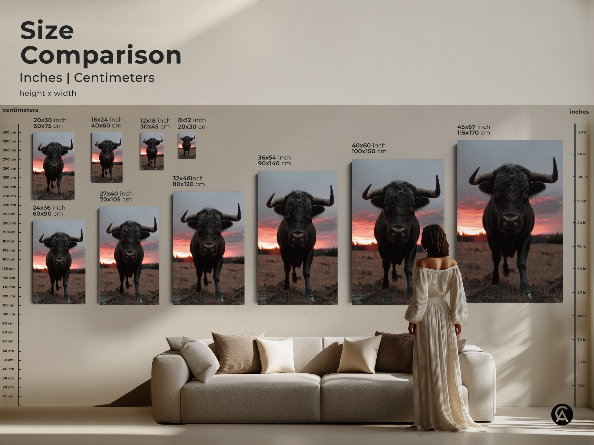 Size comparison of black bull artwork in inches and centimeters. Various sizes are displayed above a couch for scale. Photorealistic animal print options for canvas art for living room and bedroom.