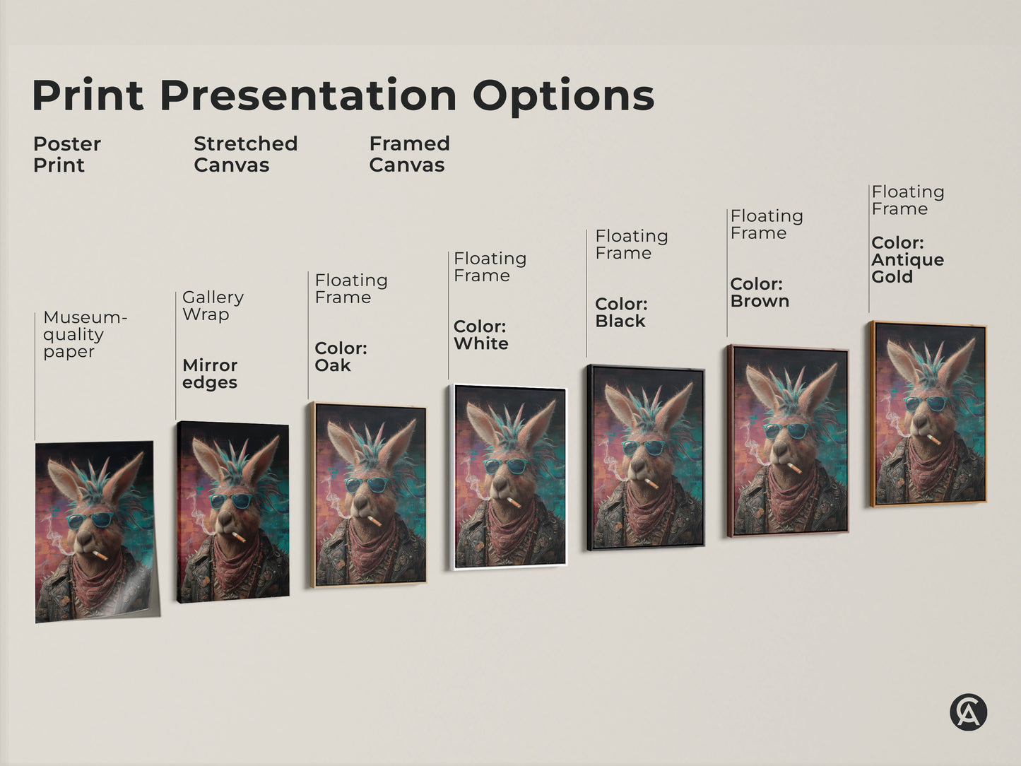 Print presentation options of the Punk Kangaroo art are displayed. Options include a poster print stretched canvas and framed canvas. Frame colors include oak white black brown antique gold. Each option showcases the unique animal portrait of a kangaroo in a leather jacket and sunglasses. This artwork is perfect for man cave decor or a music lover birthday gift.