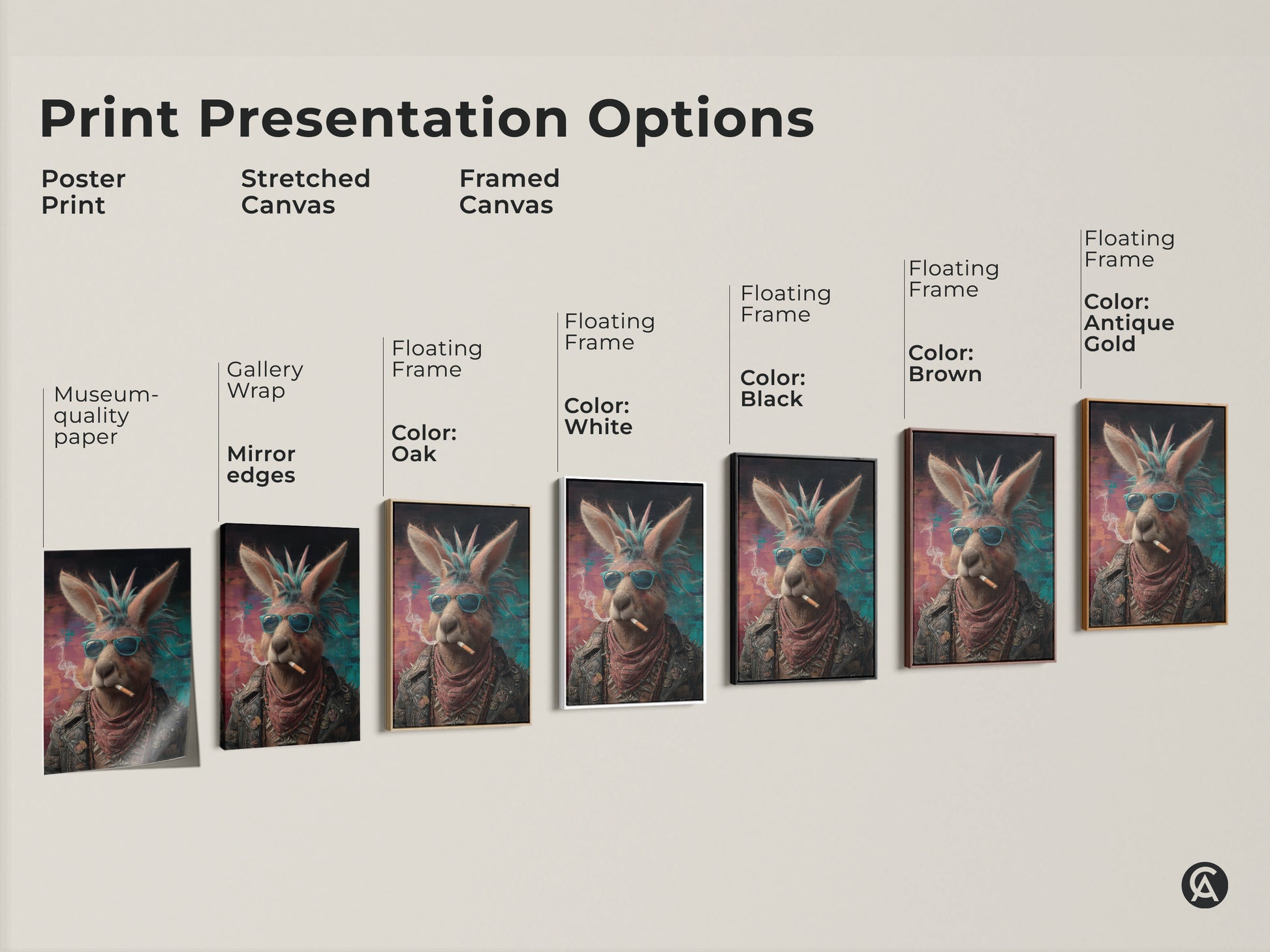 Print presentation options of the Punk Kangaroo art are displayed. Options include a poster print stretched canvas and framed canvas. Frame colors include oak white black brown antique gold. Each option showcases the unique animal portrait of a kangaroo in a leather jacket and sunglasses. This artwork is perfect for man cave decor or a music lover birthday gift.