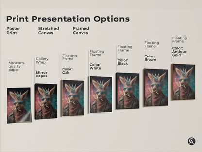 Print presentation options of the Punk Kangaroo art are displayed. Options include a poster print stretched canvas and framed canvas. Frame colors include oak white black brown antique gold. Each option showcases the unique animal portrait of a kangaroo in a leather jacket and sunglasses. This artwork is perfect for man cave decor or a music lover birthday gift.