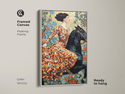 Framed canvas print of an art nouveau woman riding a black horse. The floating frame is white. The artwork has a vibrant red orange gold floral art background. This vintage equestrian art is a great addition to any eclectic bedroom decor. Ready to hang for easy setup.