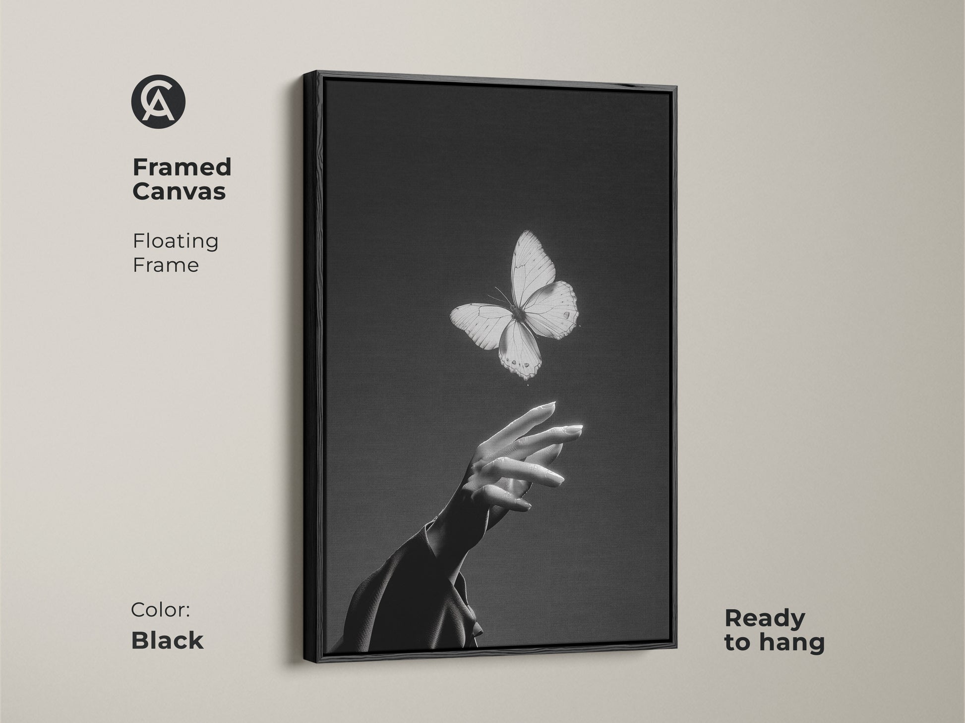 Framed canvas features a floating frame. Black and white abstract art is ready to hang. The insect and human touch print is contemporary bedroom decor. Find elegant living room canvas or a nature lover gift idea here.
