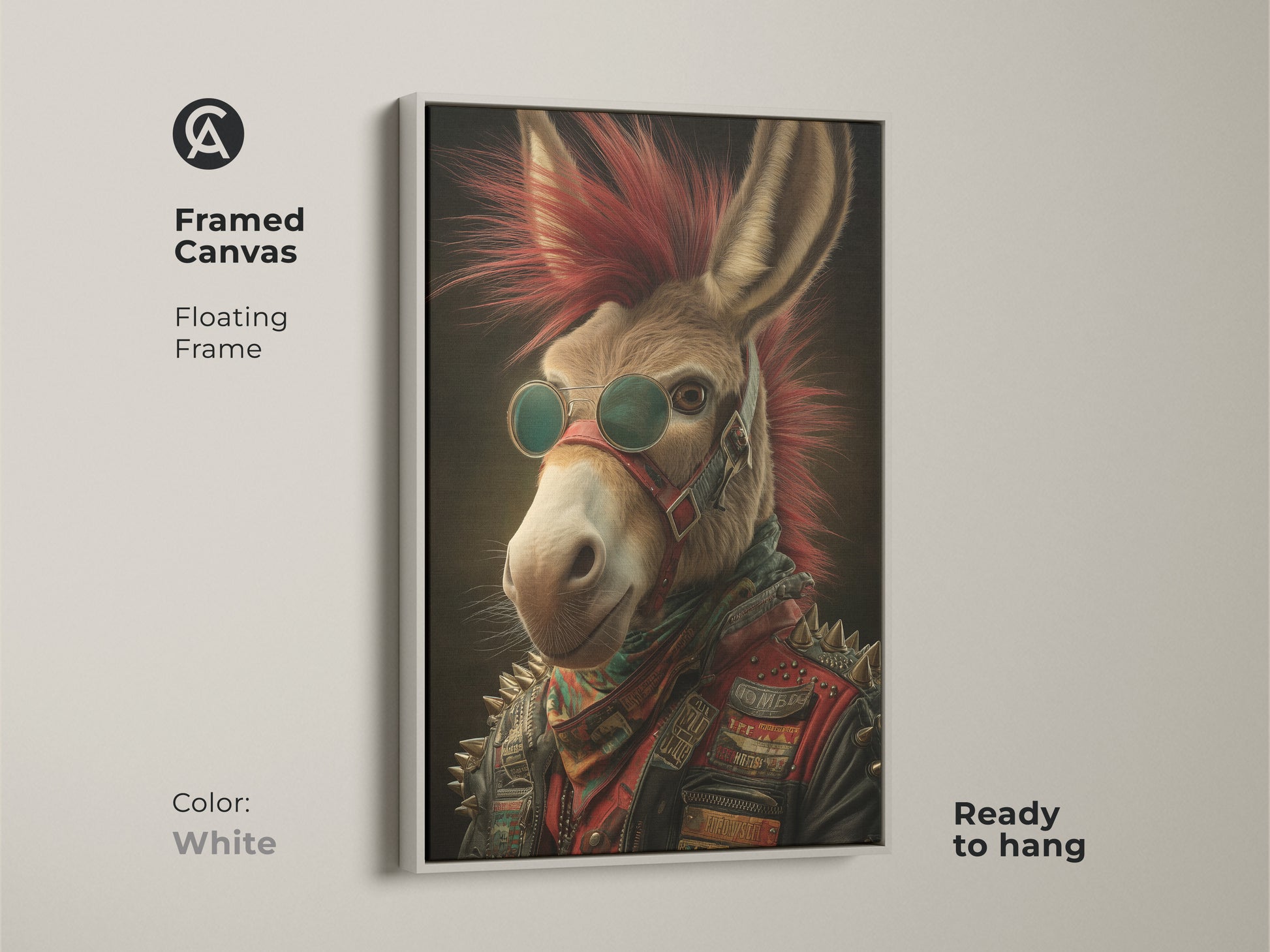 Framed canvas punk rock donkey art in a white floating frame. This edgy animal print features a donkey with a red mohawk and leather jacket. A unique music gift idea. Perfect for alternative wall decor ready to hang.