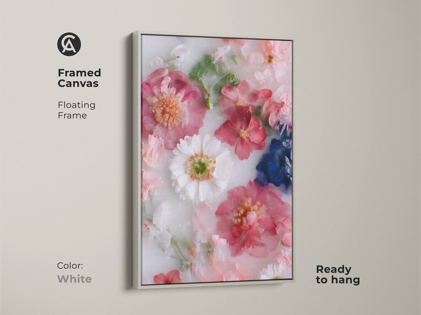 Framed canvas with a floating white frame showcasing modern botanical art. This pink flower art print elevates contemporary bedroom decor. Ready to hang minimalist floral artwork is a perfect housewarming gift. Discover the beauty of this delicate floral artwork for your home.