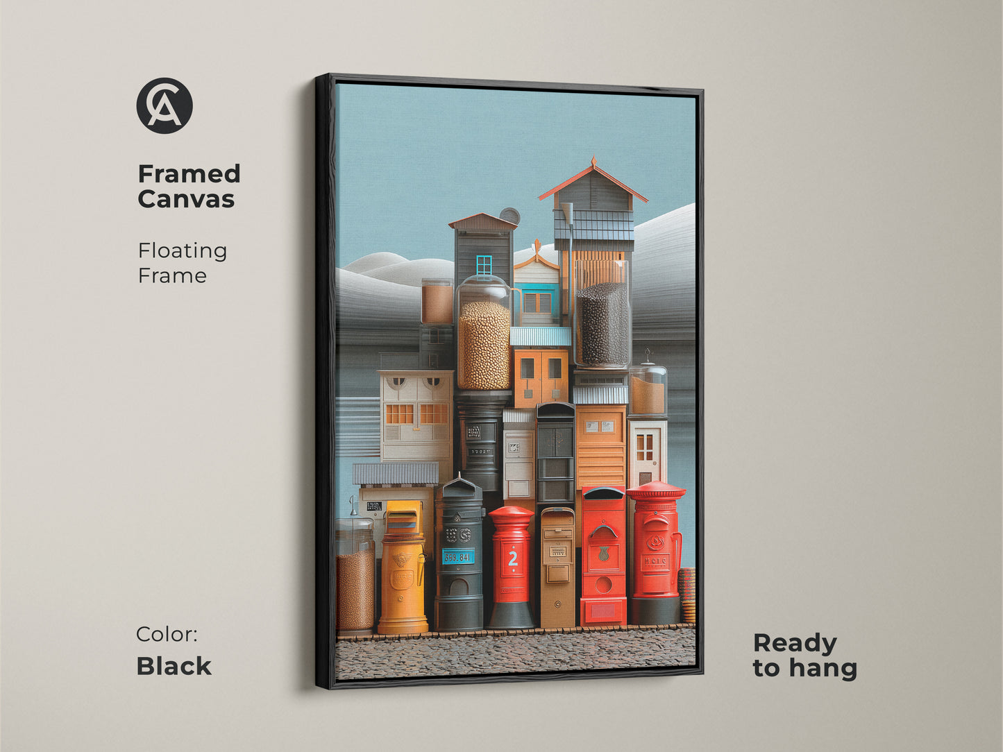 Framed canvas with a floating frame displaying surrealist art. This architectural still life includes colorful post boxes and jars. The black frame enhances the red yellow teal artwork. Ready to hang this piece makes a striking housewarming gift adding urban style.