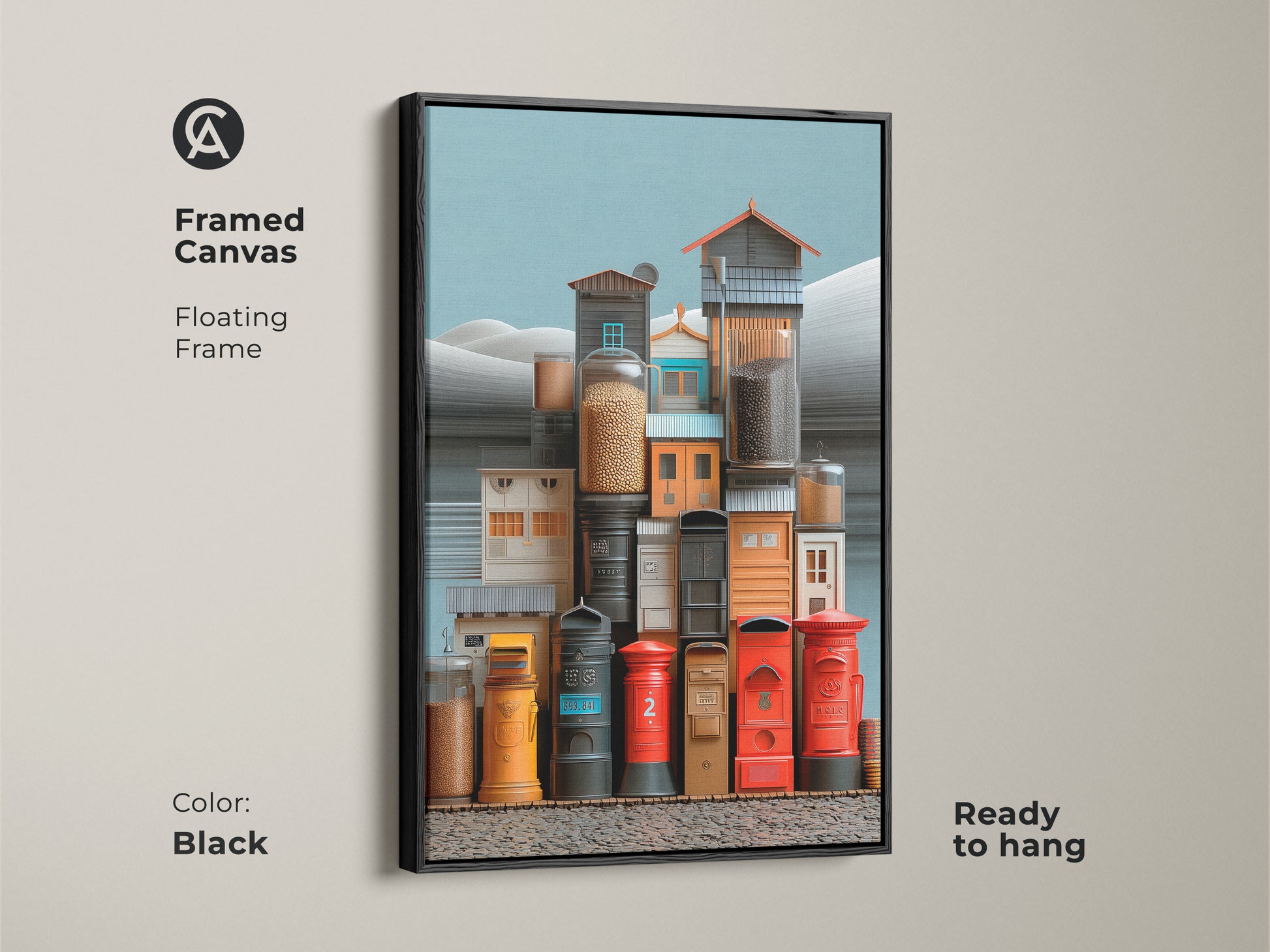 Framed canvas with a floating frame displaying surrealist art. This architectural still life includes colorful post boxes and jars. The black frame enhances the red yellow teal artwork. Ready to hang this piece makes a striking housewarming gift adding urban style.