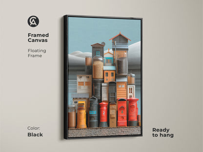 Framed canvas with a floating frame displaying surrealist art. This architectural still life includes colorful post boxes and jars. The black frame enhances the red yellow teal artwork. Ready to hang this piece makes a striking housewarming gift adding urban style.