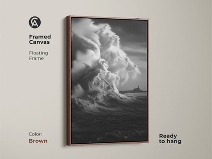 Brown Framed Canvas displaying monochrome ocean wave art. This coastal lighthouse canvas print captures a black and white seascape. Ready to hang this beach theme wall art will enhance nautical decor. Stormy sea canvas art to bring ocean view artwork to your home.