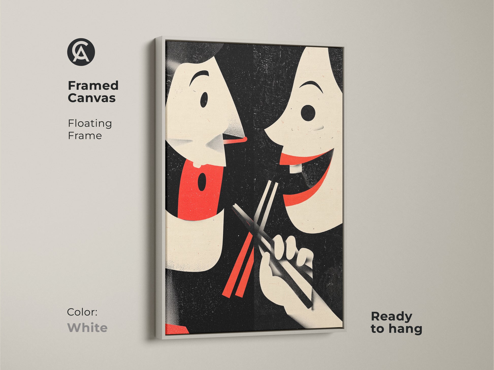 Framed canvas in white showcasing retro couple art. This Asian inspired wall art will enhance any eclectic kitchen decor. The foodie art shows a playful couple sharing food. This unique housewarming gift celebrates cultural cuisine. It is ready to hang.