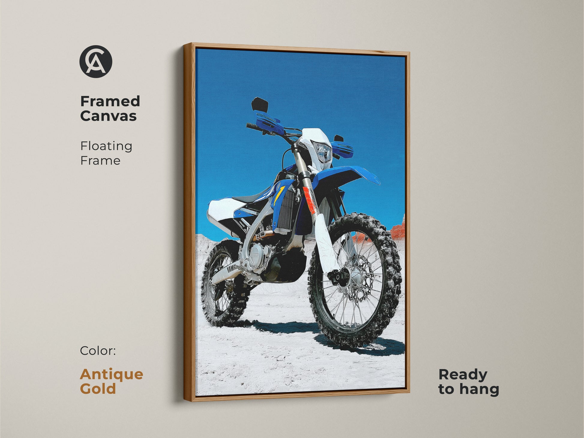Antique gold framed canvas art of a blue and white motocross motorcycle. This floating frame enhances the high detail bike print. Ready to hang dirt bike artwork for a garage or man cave. A great gift for motorcycle riders.