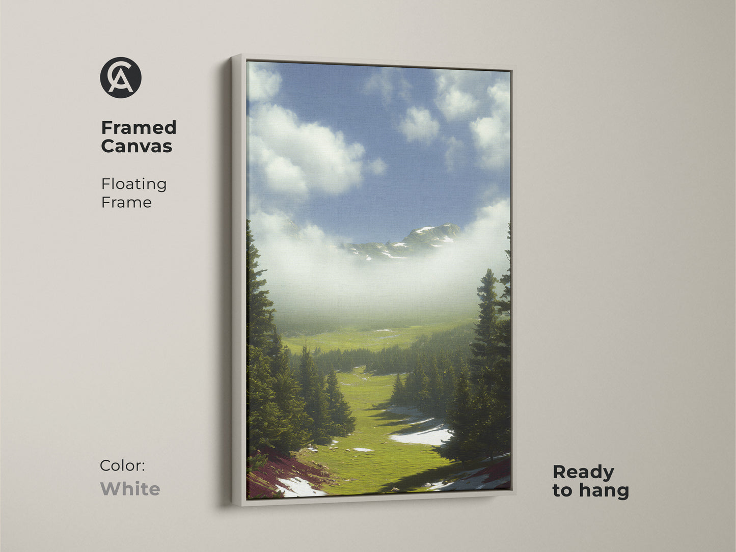 Framed canvas in white color featuring a nature scape wall artwork. The floating frame presents a blue sky pine tree print that is ready to hang. Perfect as nature inspired wall decor.