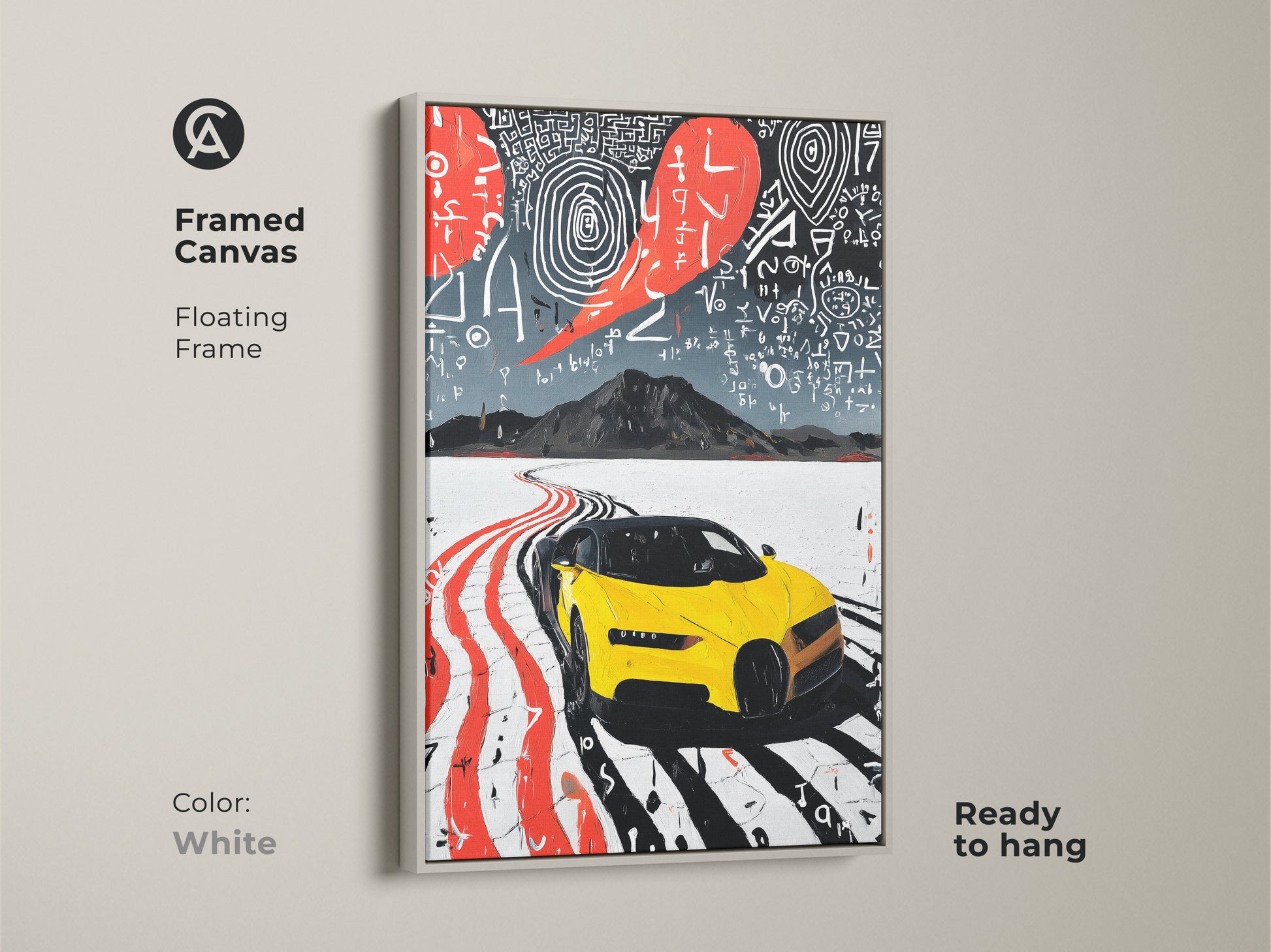 This framed canvas displays modern abstract yellow sports car art. The white floating frame offers a clean contemporary look. Perfect office wall decor or a thoughtful gift for car enthusiasts. The abstract road trip print adds a splash of color.