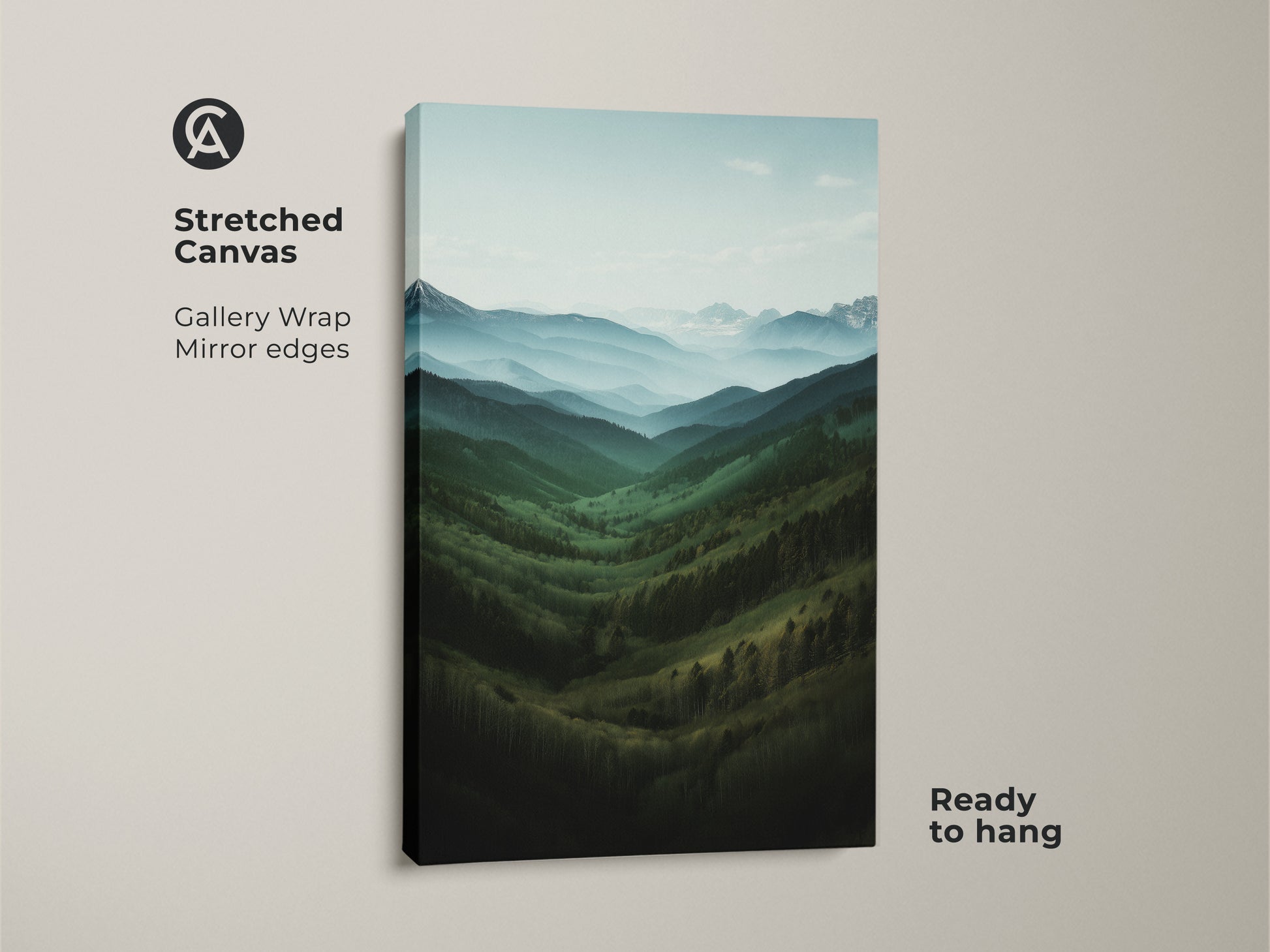 Stretched canvas of a forest valley landscape. The gallery wrap has mirror edges. Ready to hang misty blue mountain range art. Teal green nature artwork for your home.