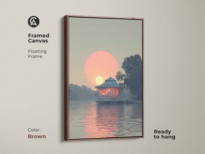 Framed Canvas coastal lake house art with floating frame and brown color. The art features a peach and blue tropical landscape with a serene waterfront bungalow painting. This travel lovers gift is ready to hang.