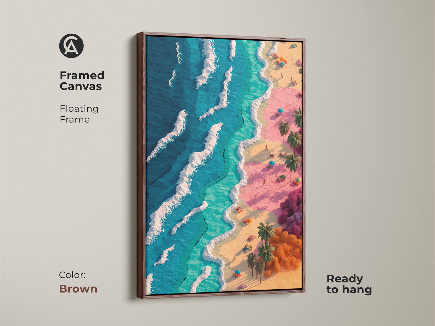 Framed beach canvas with a brown floating frame. This artwork showcases a vibrant beach landscape. The art includes blue water pink sand and palm trees. The framed art is ready to hang.