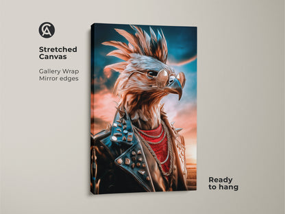 Punk rock eagle wall art on stretched canvas. This rock music fan gift shows an eagle wearing sunglasses and a studded leather jacket. The gallery wrap has mirrored edges and is ready to hang. This is a unique animal artwork.