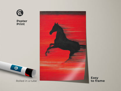 Abstract horse poster print rolled in a tube. Easy to frame this crimson red wall art features a black horse silhouette. The dynamic motion artwork is perfect for modern homes. It's a unique gift for horse lovers seeking contemporary equestrian decor.