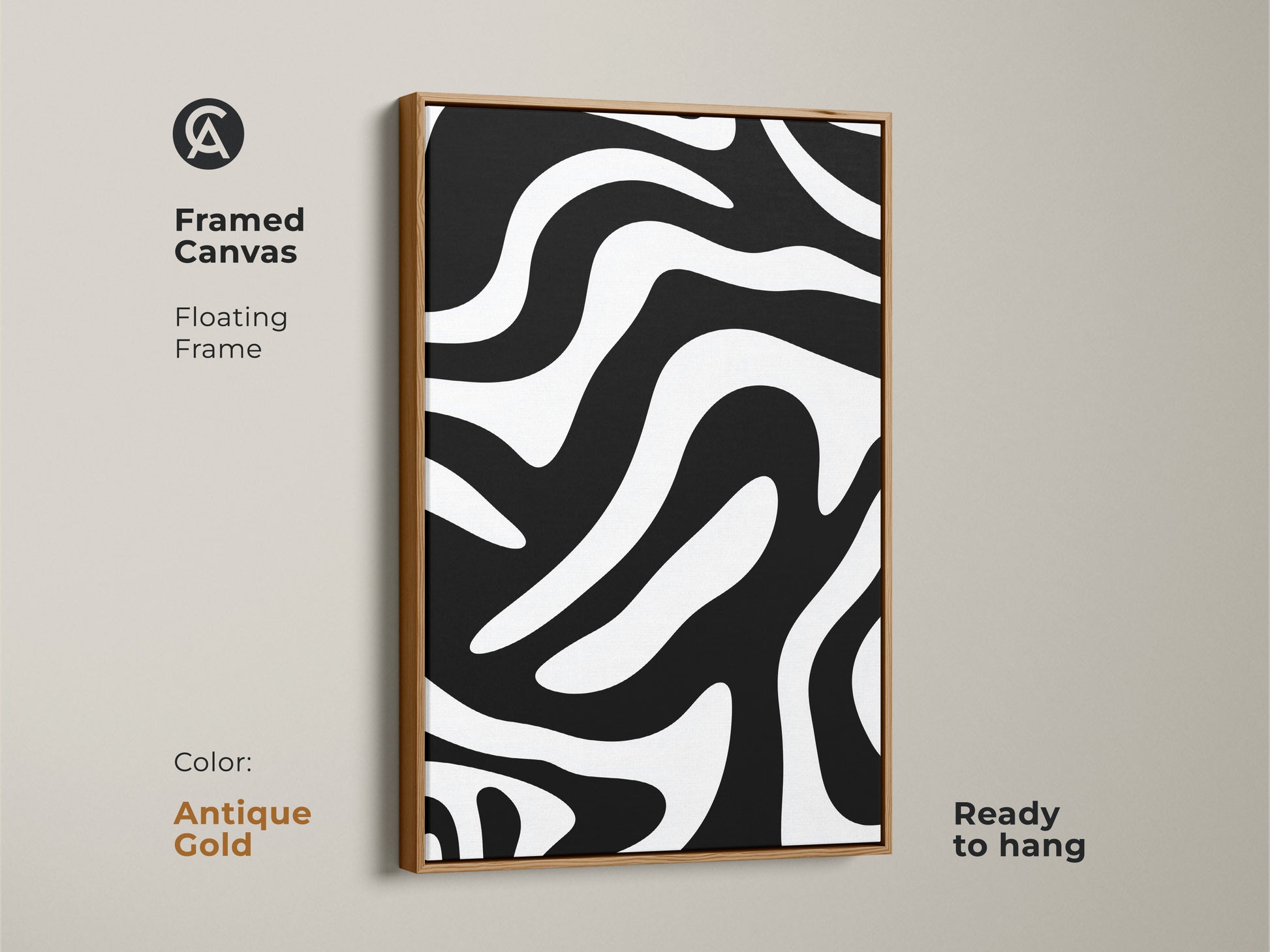 A framed canvas displays a minimalist zebra artwork with an antique gold floating frame. The monochrome art enhances home decor. This modern abstract print is ready to hang.