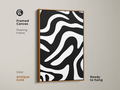 A framed canvas displays a minimalist zebra artwork with an antique gold floating frame. The monochrome art enhances home decor. This modern abstract print is ready to hang.