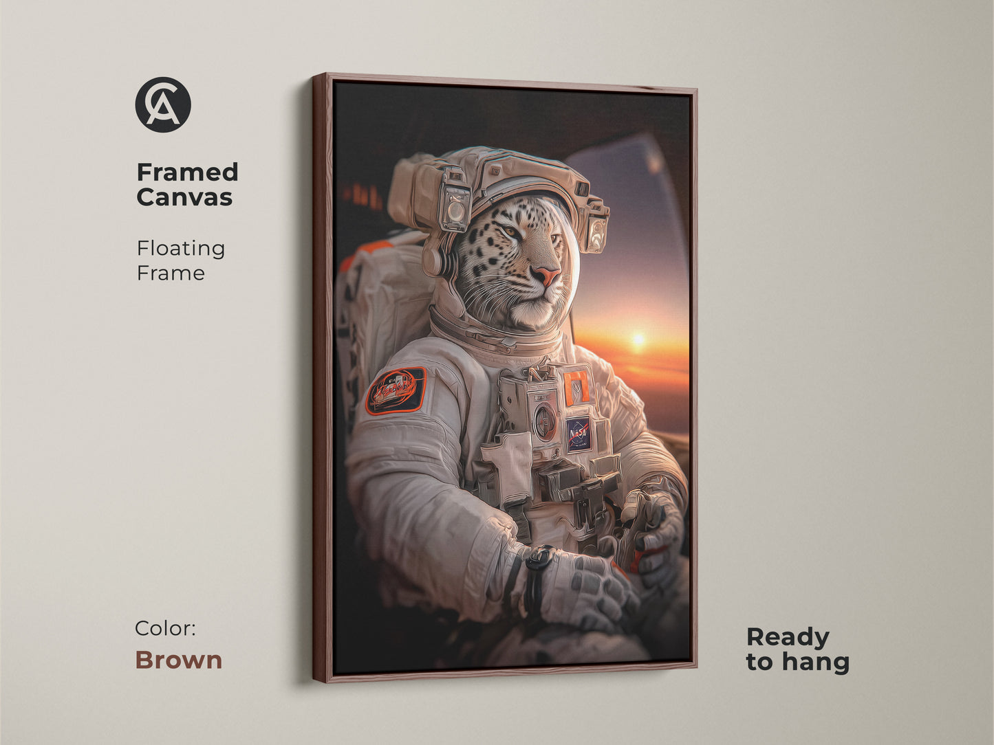 A framed canvas in brown presents a white leopard astronaut canvas. Ready to hang this space animal artwork adds charm. The floating frame accentuates the contemporary office art. This surreal print is a perfect gift for sci-fi enthusiasts. It brings an imaginative touch.