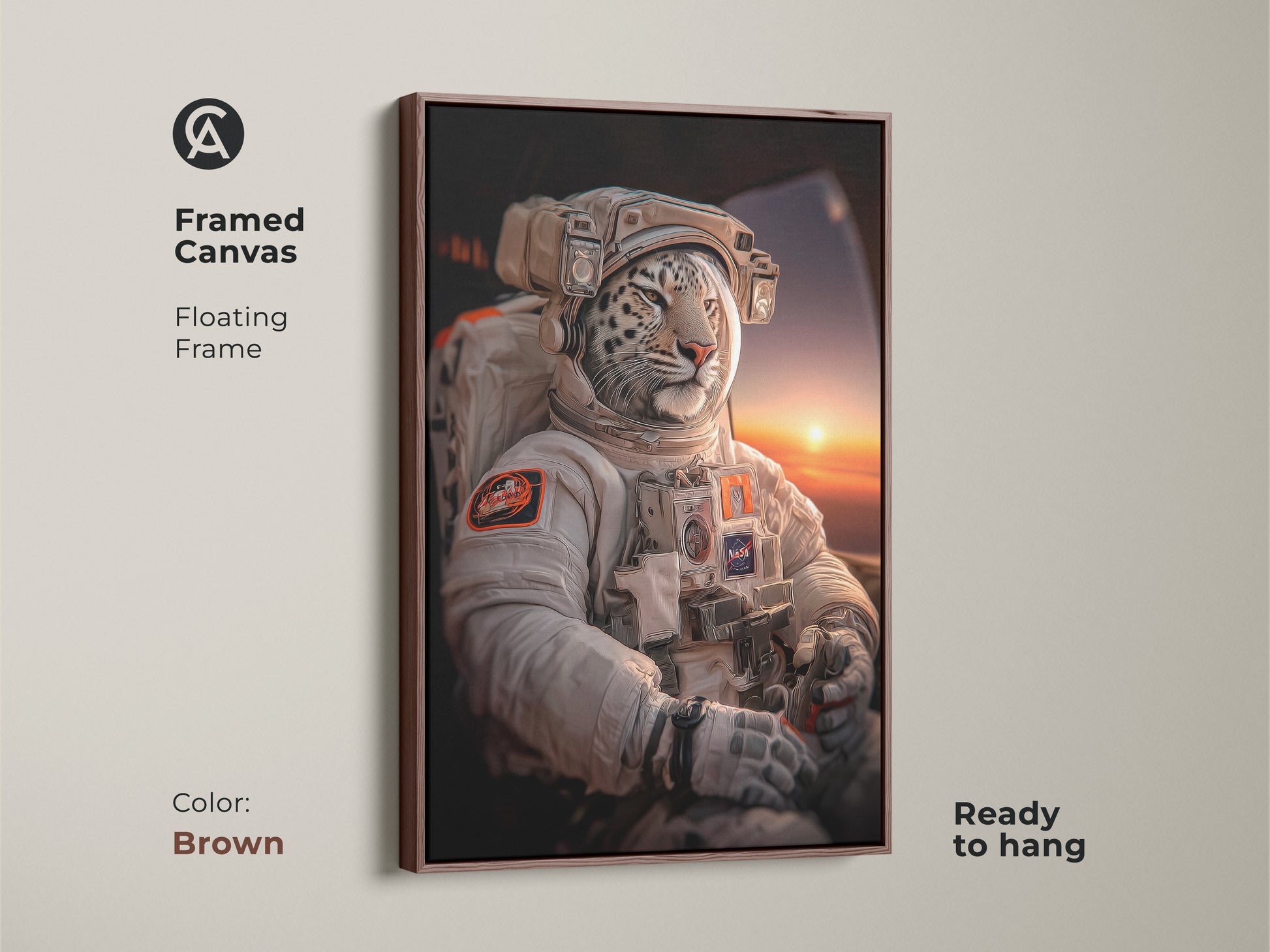 A framed canvas in brown presents a white leopard astronaut canvas. Ready to hang this space animal artwork adds charm. The floating frame accentuates the contemporary office art. This surreal print is a perfect gift for sci-fi enthusiasts. It brings an imaginative touch.