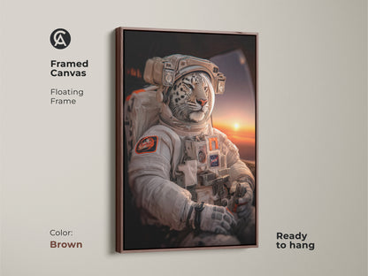 A framed canvas in brown presents a white leopard astronaut canvas. Ready to hang this space animal artwork adds charm. The floating frame accentuates the contemporary office art. This surreal print is a perfect gift for sci-fi enthusiasts. It brings an imaginative touch.