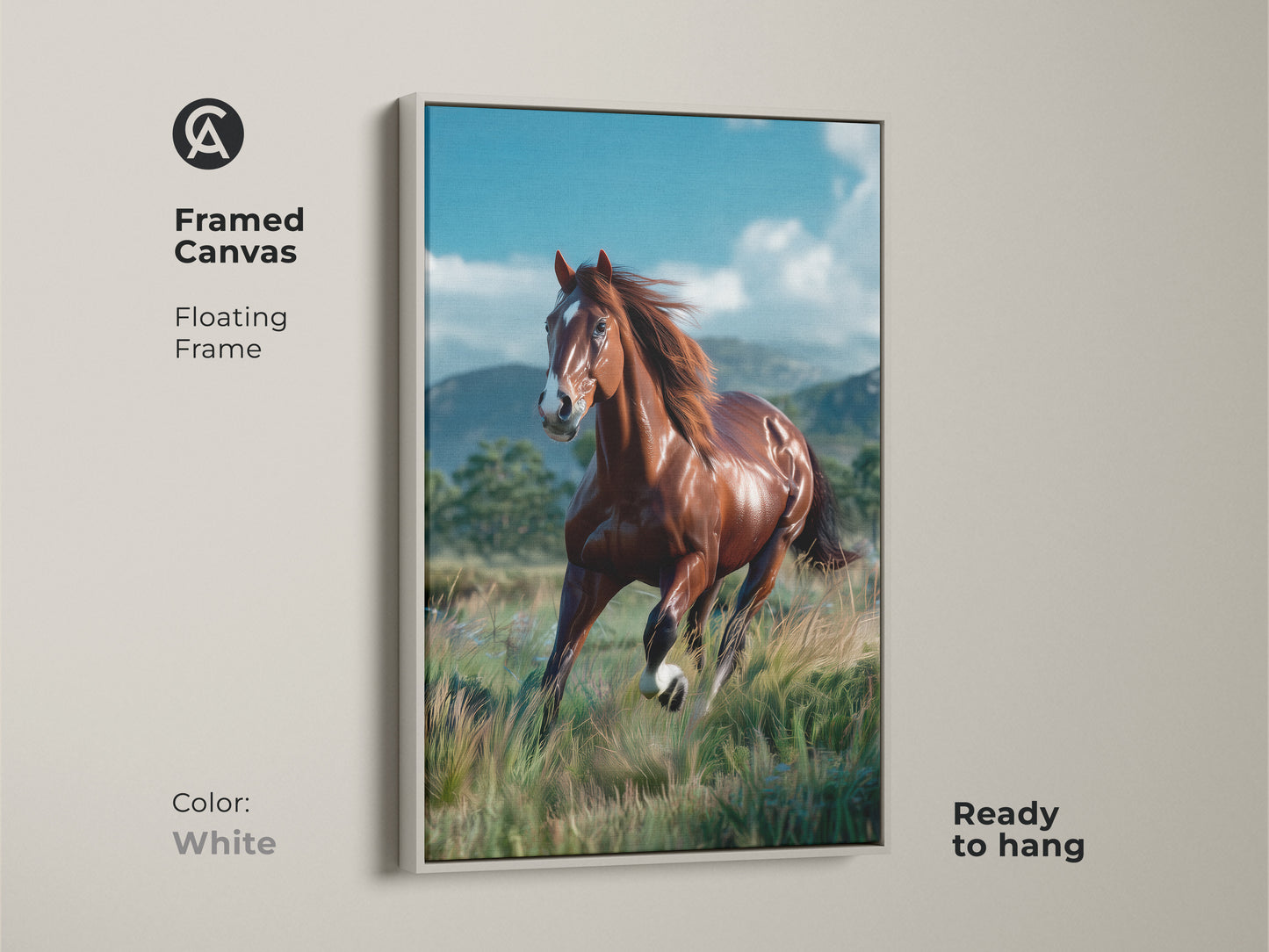 Framed canvas print with a white floating frame showcasing a horse in motion. The white frame provides a clean modern look. This horse artwork is ready to hang. Perfect for brightening any room. A beautiful piece of equine art for your home.