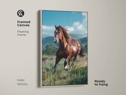 Framed canvas print with a white floating frame showcasing a horse in motion. The white frame provides a clean modern look. This horse artwork is ready to hang. Perfect for brightening any room. A beautiful piece of equine art for your home.