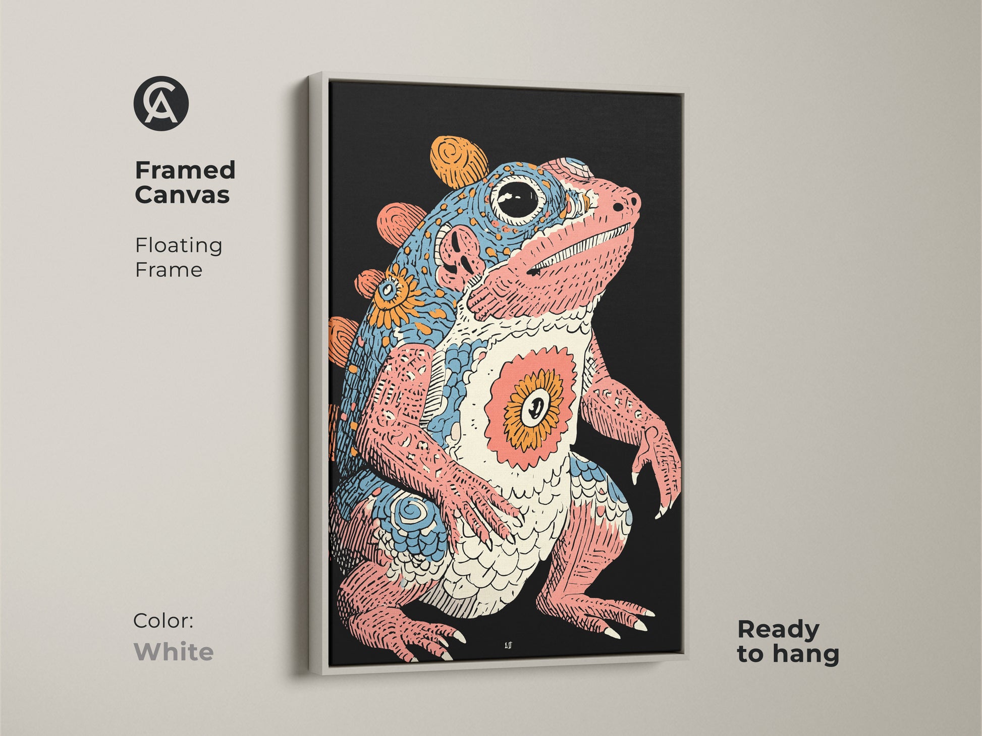 Framed canvas artwork featuring a unique animal. This psychedelic frog wall art print features a floating white frame. Ready to hang this retro creature print adds an eclectic touch. The fantasy amphibian art is sure to enhance any room. This colorful frog art is a great gift.