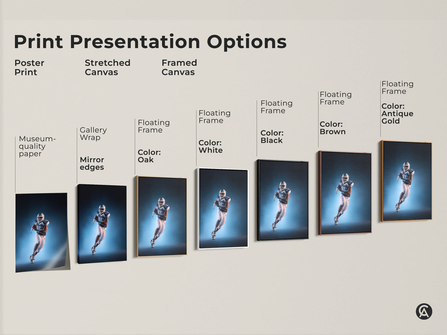 Explore print presentation options with our American Football canvas art. Choose from poster prints stretched canvas or framed canvas. The museum quality paper and mirror edges enhance the artwork. Add a floating frame in various colors.