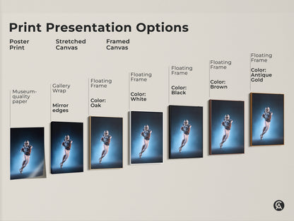 Explore print presentation options with our American Football canvas art. Choose from poster prints stretched canvas or framed canvas. The museum quality paper and mirror edges enhance the artwork. Add a floating frame in various colors.