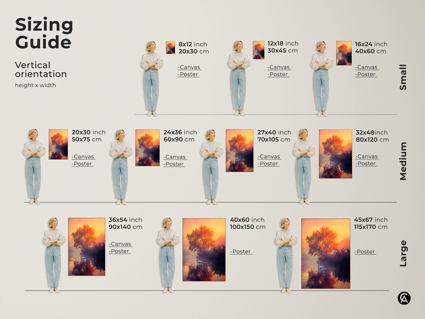 This sizing guide shows the swan artwork in various vertical sizes. See how the canvas and poster prints look in sizes from small to large. Sizes include 8x12 16x24 24x36 and more. Find the perfect size swan art print for your wall.
