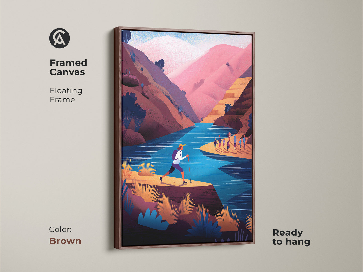 Framed canvas of teal pink mountain scenery with a brown floating frame. Ready to hang. This adventure wall art print shows a hiking river landscape. It's a contemporary flat illustration for outdoor lovers. A great housewarming gift idea.