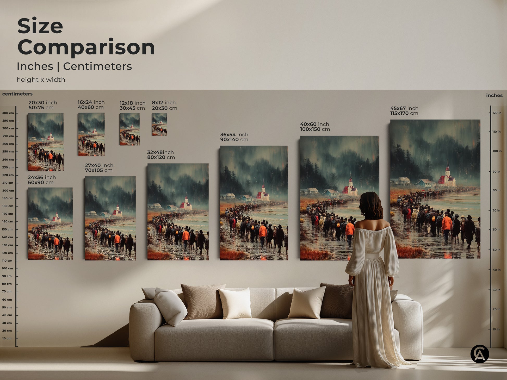 Size comparison of canvas prints showing a procession to church in inches and centimeters. Visualize art in your space. Choose from various sizes to complement your room decor. Transform your living area with a unique wall hanging art today