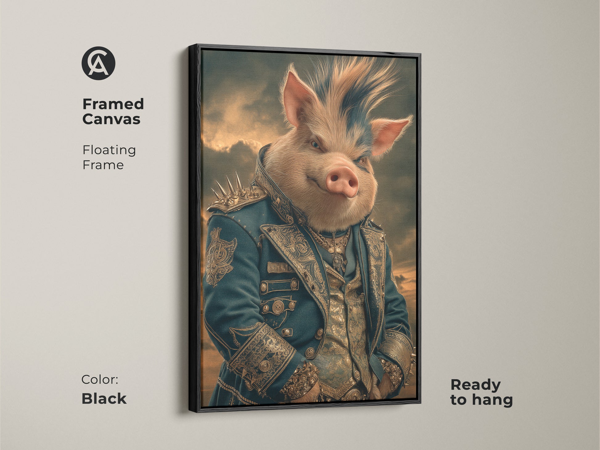 Framed Canvas in Brown featuring a regal pig aristocrat. Gothic fantasy pig artwork with a floating frame is ready to hang. This sophisticated pig poster is a perfect addition to man cave wall decor.