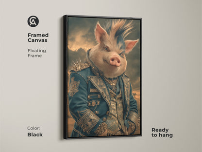 Framed Canvas in Brown featuring a regal pig aristocrat. Gothic fantasy pig artwork with a floating frame is ready to hang. This sophisticated pig poster is a perfect addition to man cave wall decor.