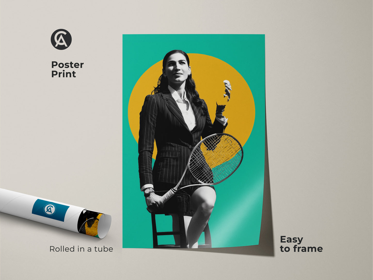 Poster print of a tennis player artwork in a contemporary style. The yellow teal and black color scheme creates a modern aesthetic. This unique sports poster makes a great gift for tennis enthusiasts. Easy to frame this artwork adds a touch of athleticism to any room. Rolled in a tube for safe shipping.