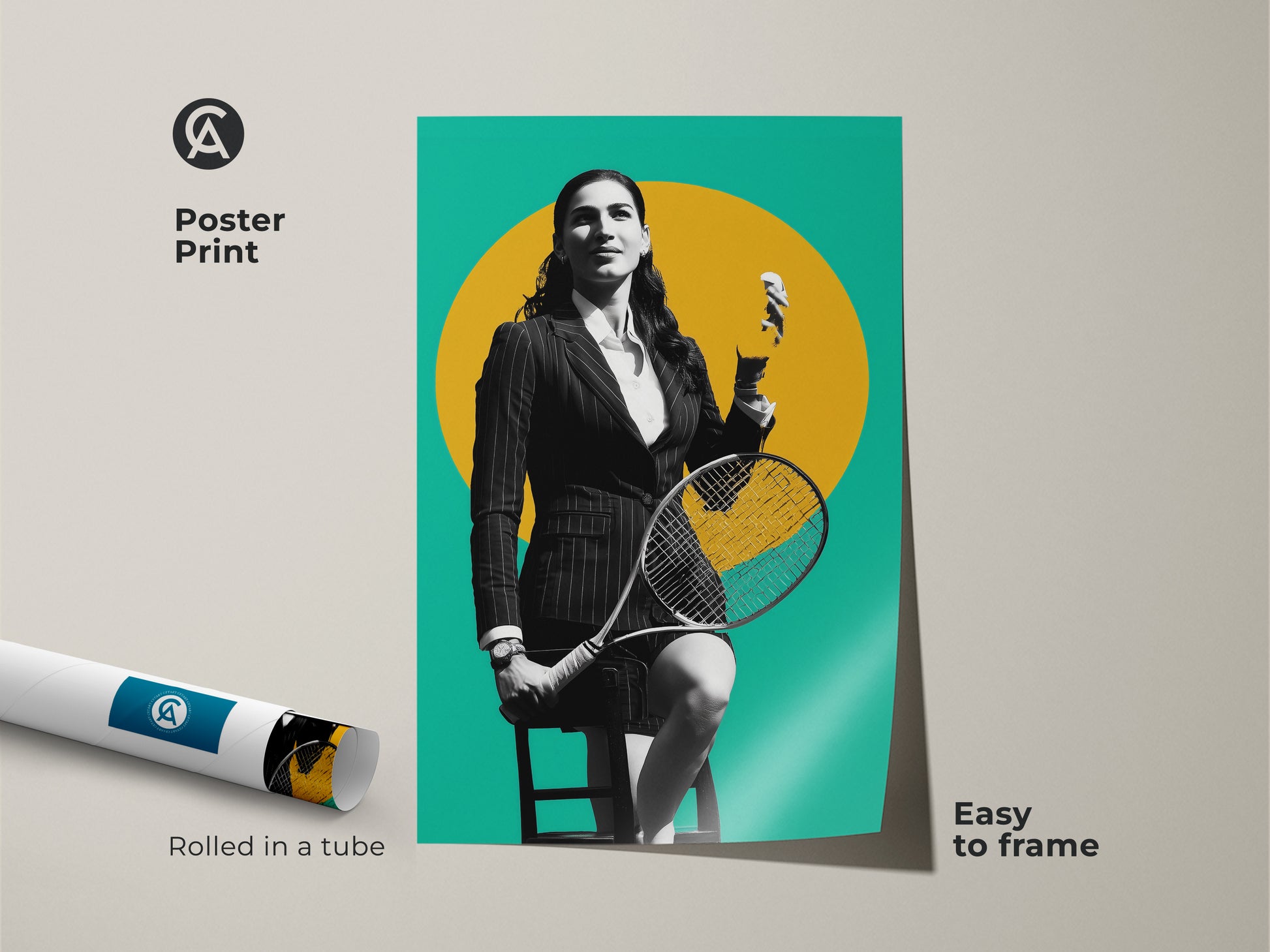 Poster print of a tennis player artwork in a contemporary style. The yellow teal and black color scheme creates a modern aesthetic. This unique sports poster makes a great gift for tennis enthusiasts. Easy to frame this artwork adds a touch of athleticism to any room. Rolled in a tube for safe shipping.