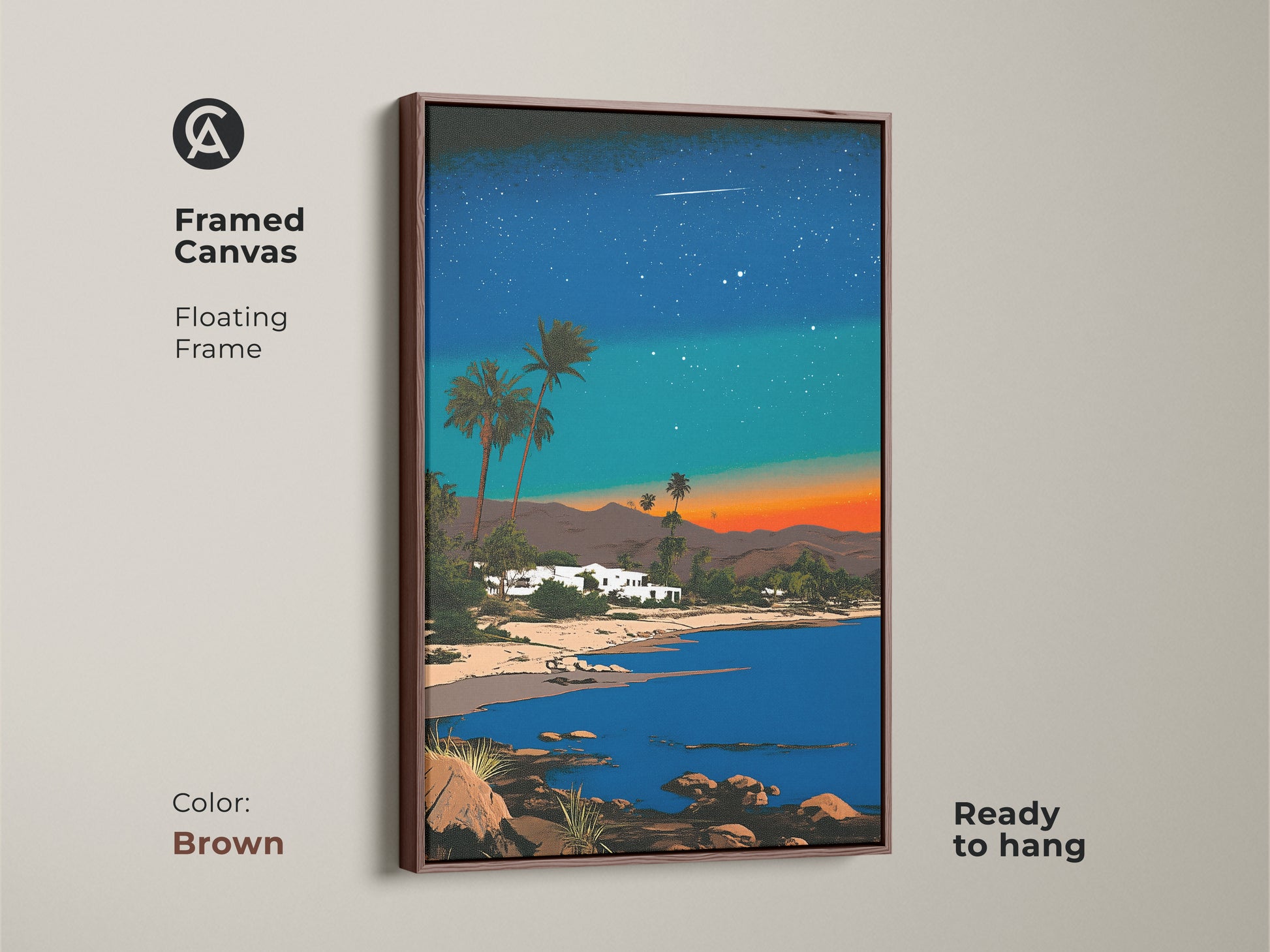 Framed canvas in a brown floating frame featuring retro futurism artwork. Coastal beach house scene with synthwave inspired colors. This print is perfect for adding a vacation vibe to your space.