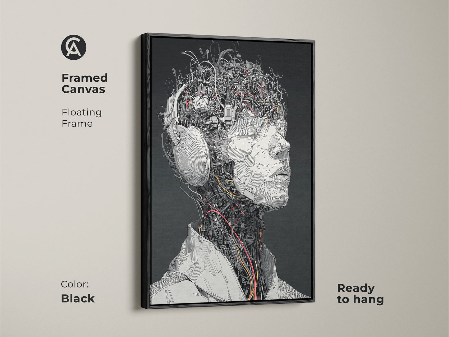 Framed canvas artwork showcasing a cyborg head with headphones. The floating frame adds depth to the piece. The art has a black frame and a striking contrast. This is ready to hang. The artwork is perfect for a modern space.