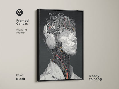 Framed canvas artwork showcasing a cyborg head with headphones. The floating frame adds depth to the piece. The art has a black frame and a striking contrast. This is ready to hang. The artwork is perfect for a modern space.