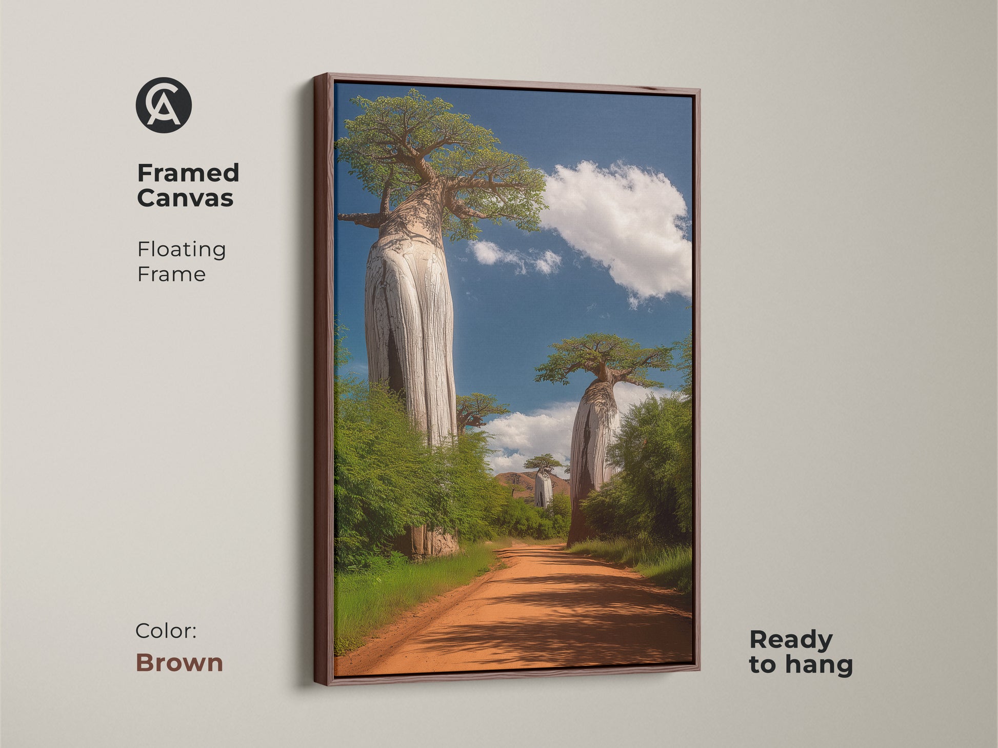 Brown framed canvas of African Baobab trees. Floating frame. Ready to hang. This boho wall art is an exotic tree canvas. Perfect housewarming gift for him or her. Savanna landscape.
