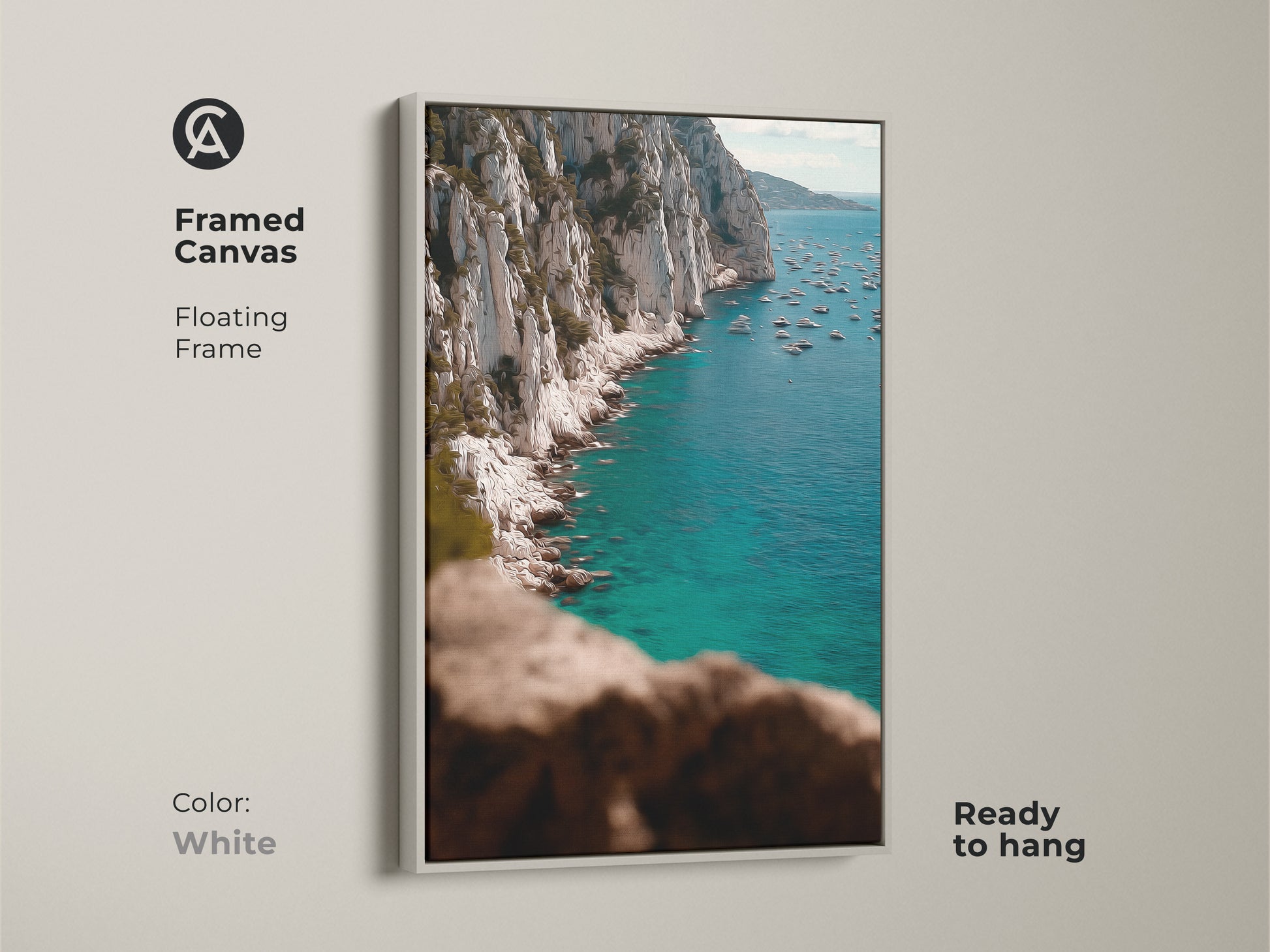 Framed Canvas in White of Deep Blue Ocean Canvas. A turquoise yacht art print creates a fresh and airy feel. The floating frame enhances the coastal cliff wall art making it a serene addition to any room. Ready to hang and enjoy.